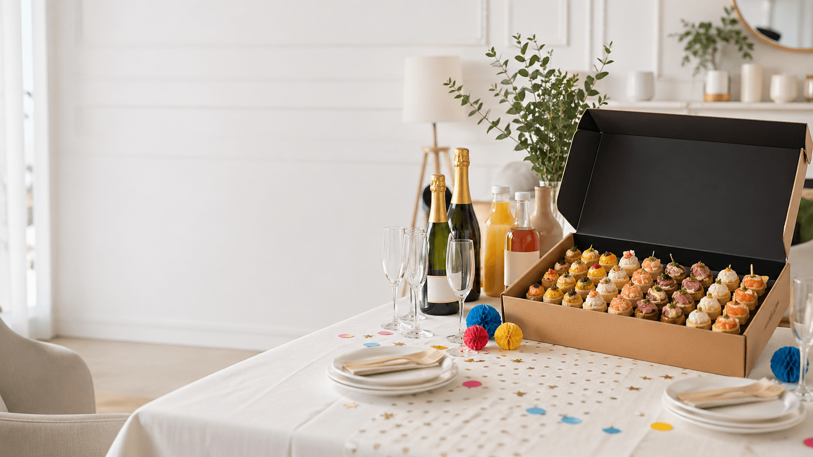 Coffret FêteABox ouvert sur table dressée avec pièces apéritives, boissons festives, softs et vaisselle festive